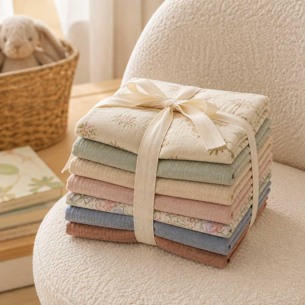 Lot de linges bébé présenté comme cadeau de naissance
