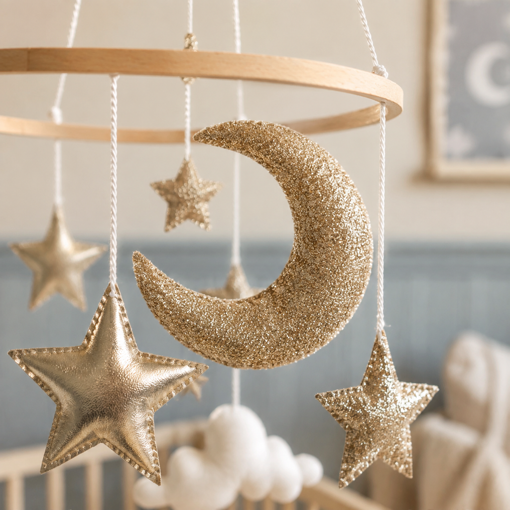 Détail de la lune et des étoiles dorées du mobile bébé