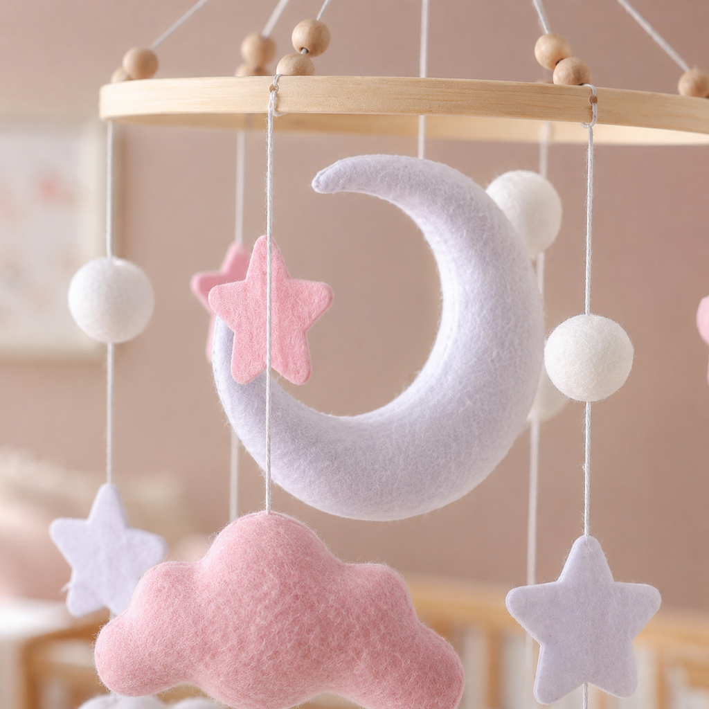 Détail de la lune blanche et des étoiles pastel en feutrine