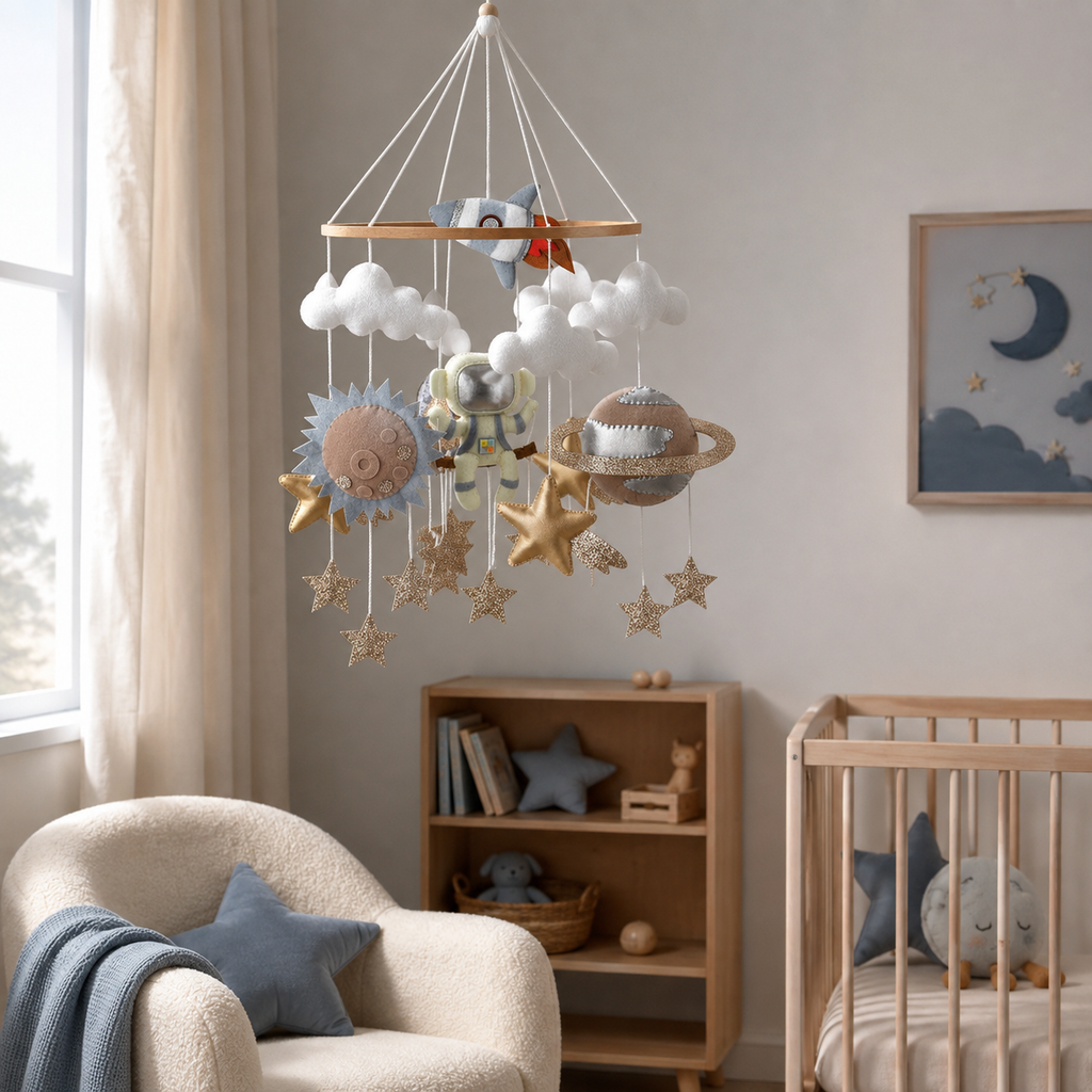 Mobile astronaute et espace dans le coin lecture d’une chambre de bébé