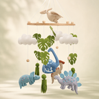 Mobile bébé dinosaures en feutrine avec nuages et feuilles