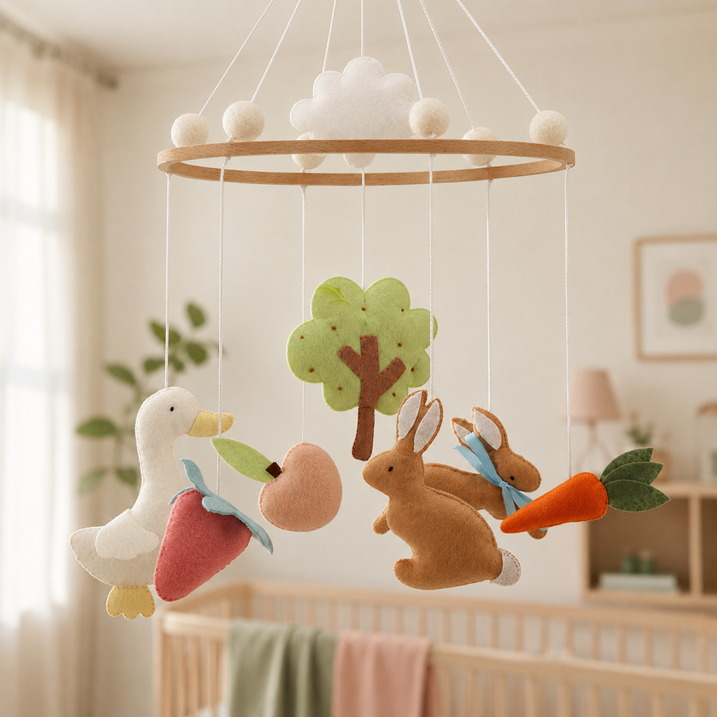 Mobile bébé lapins du jardin en feutrine dans une chambre de bébé