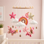 Mobile bébé papillons et arc-en-ciel rose en feutrine