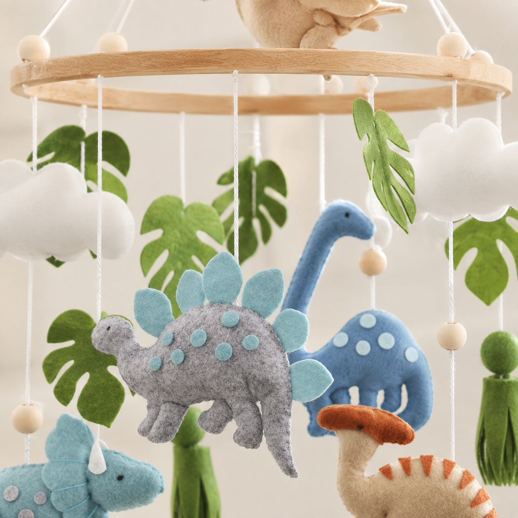 Détails en feutrine et anneau en bambou du mobile dinosaures