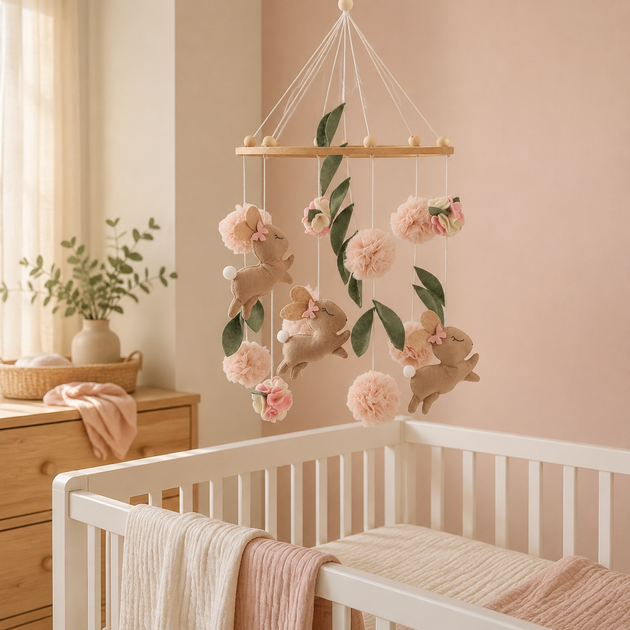 Mobile lapins et fleurs suspendu au-dessus d’un lit de bébé