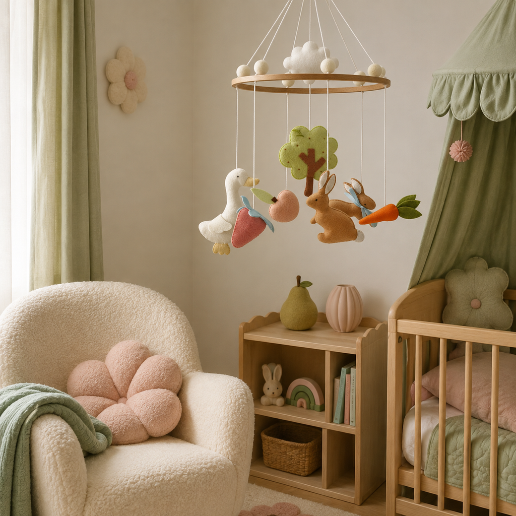 Mobile lapins du jardin dans le coin lecture d’une chambre de bébé