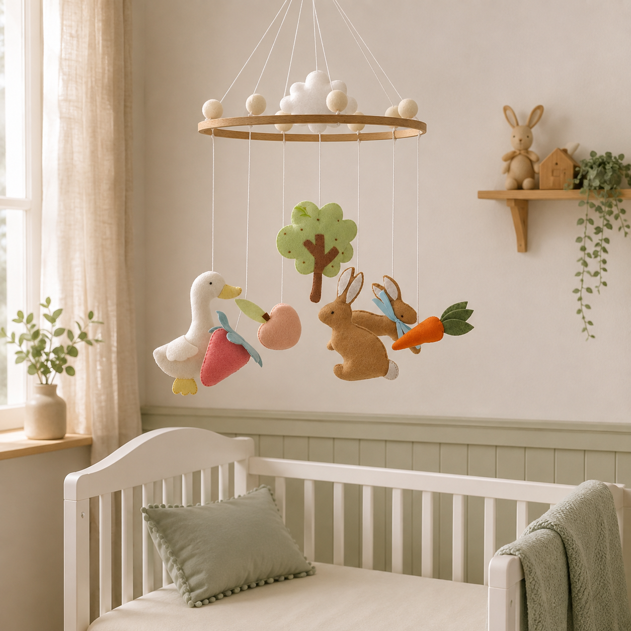Mobile lapins du jardin suspendu au-dessus d’un lit de bébé