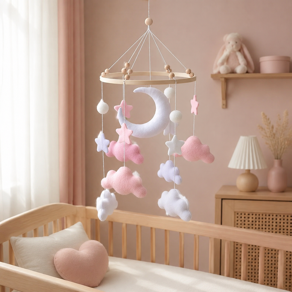 Mobile lune et nuages roses suspendu au-dessus d’un lit de bébé