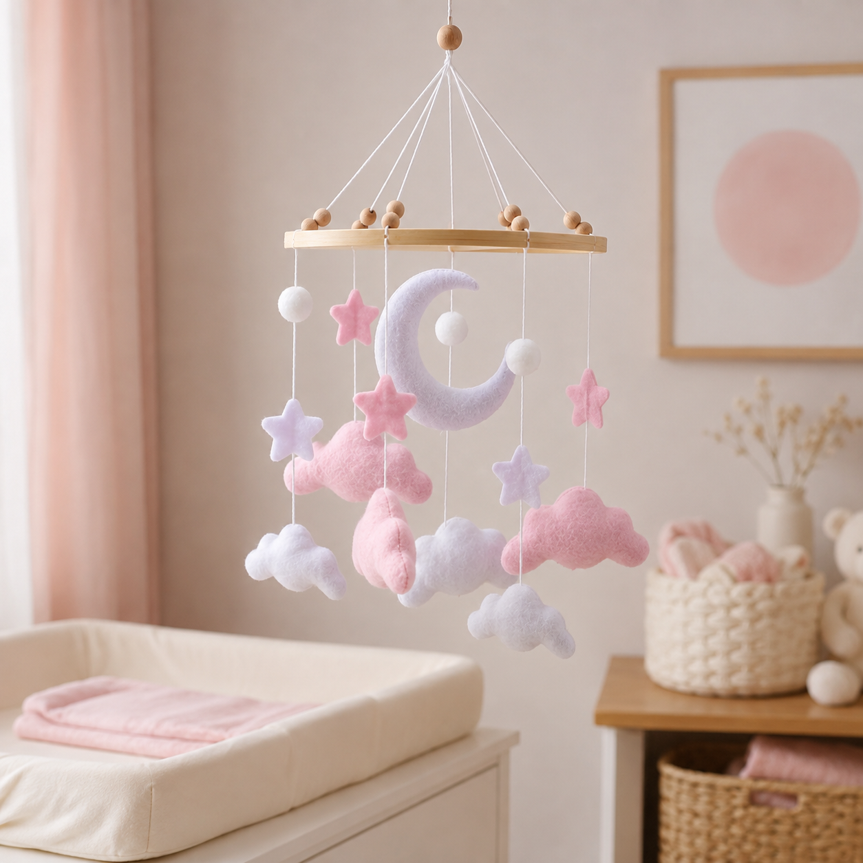 Mobile bébé nuages roses près d’une table à langer