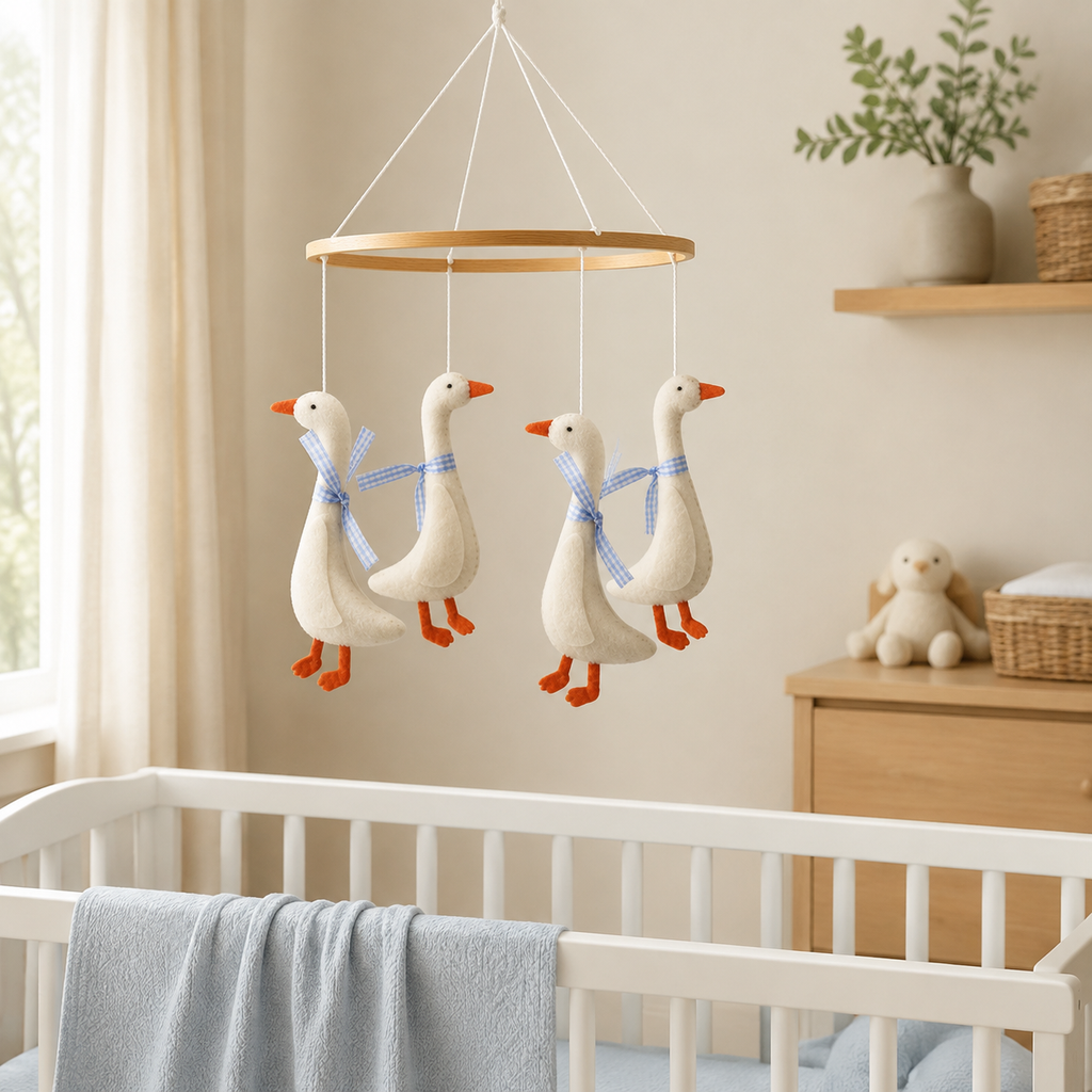 Mobile oies à rubans bleus au-dessus d’un lit de bébé