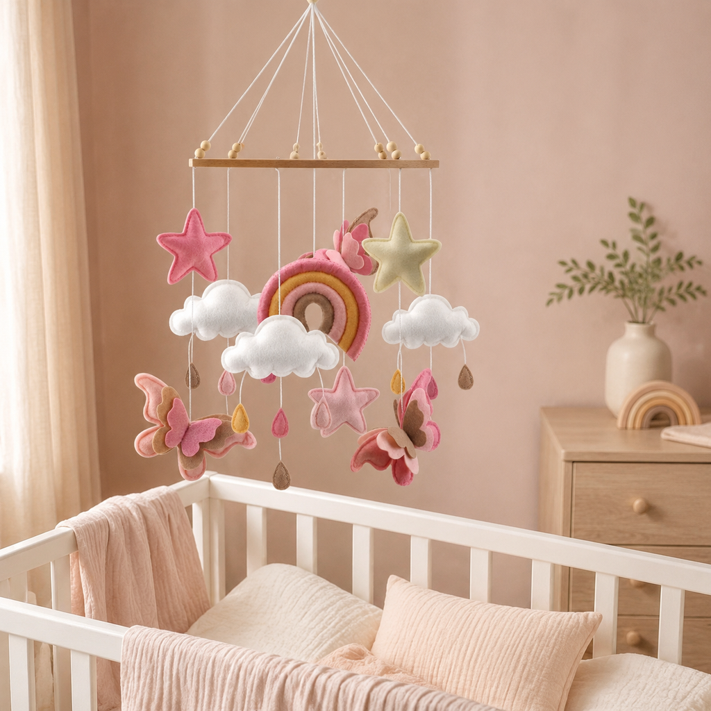 Mobile papillons suspendu au-dessus d’un lit de bébé