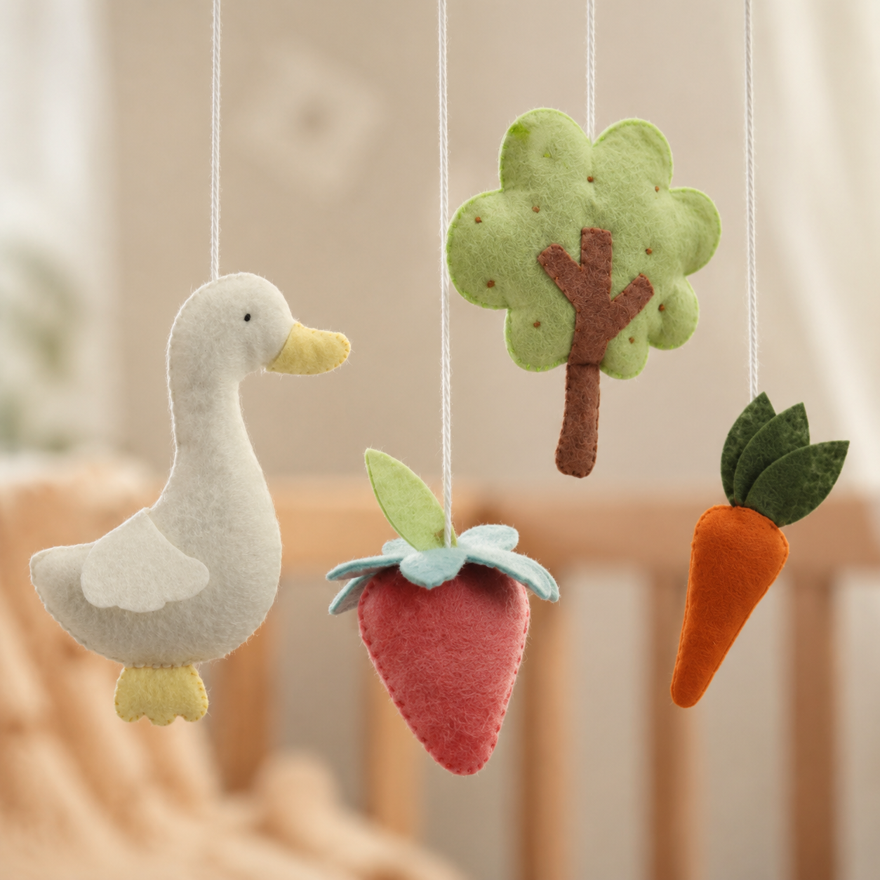 Détail de l’oie, de l’arbre et des légumes en feutrine