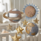 Détail des planètes et étoiles dorées du mobile bébé