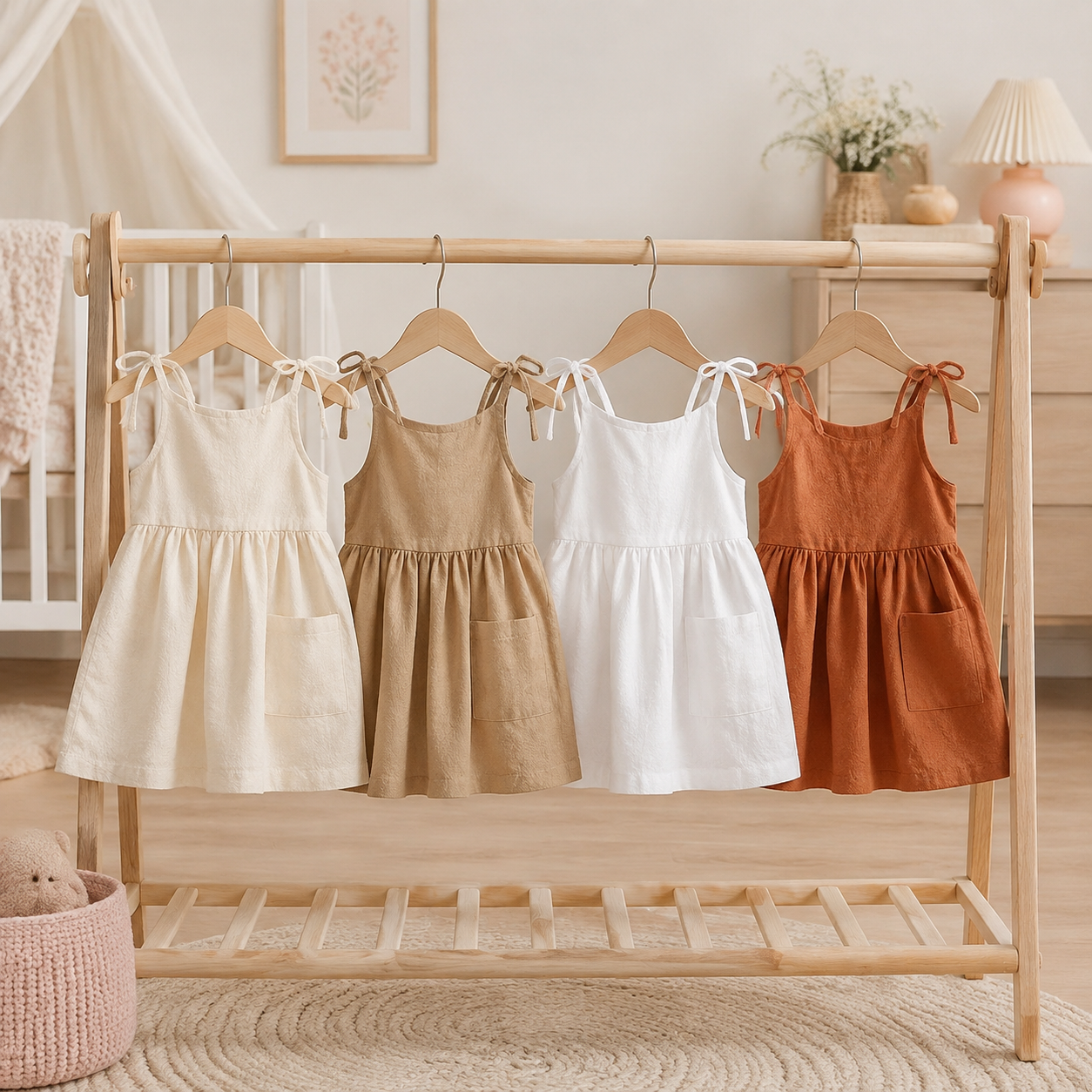 Robes fille en coton à bretelles nouées dans une chambre de bébé