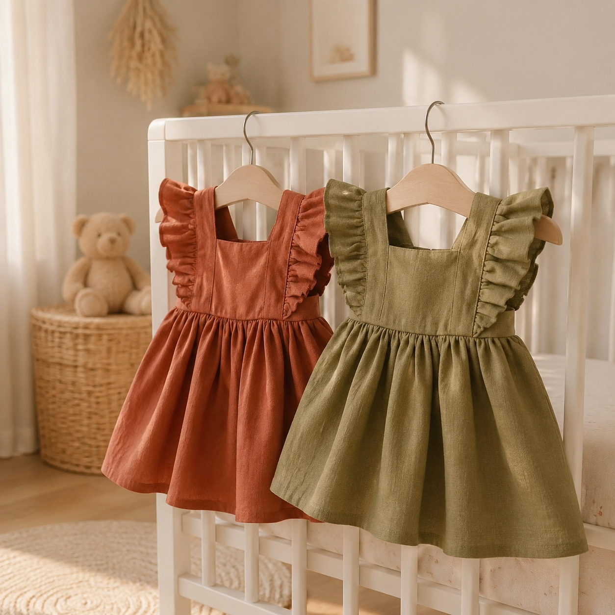 Robes bébé terracotta et vert sauge près d’un lit bébé
