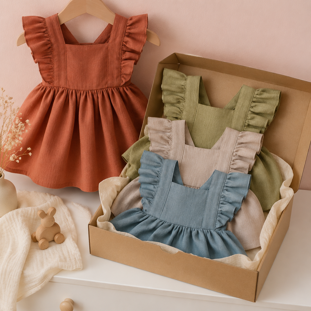Robes bébé à volants présentées en coffret cadeau
