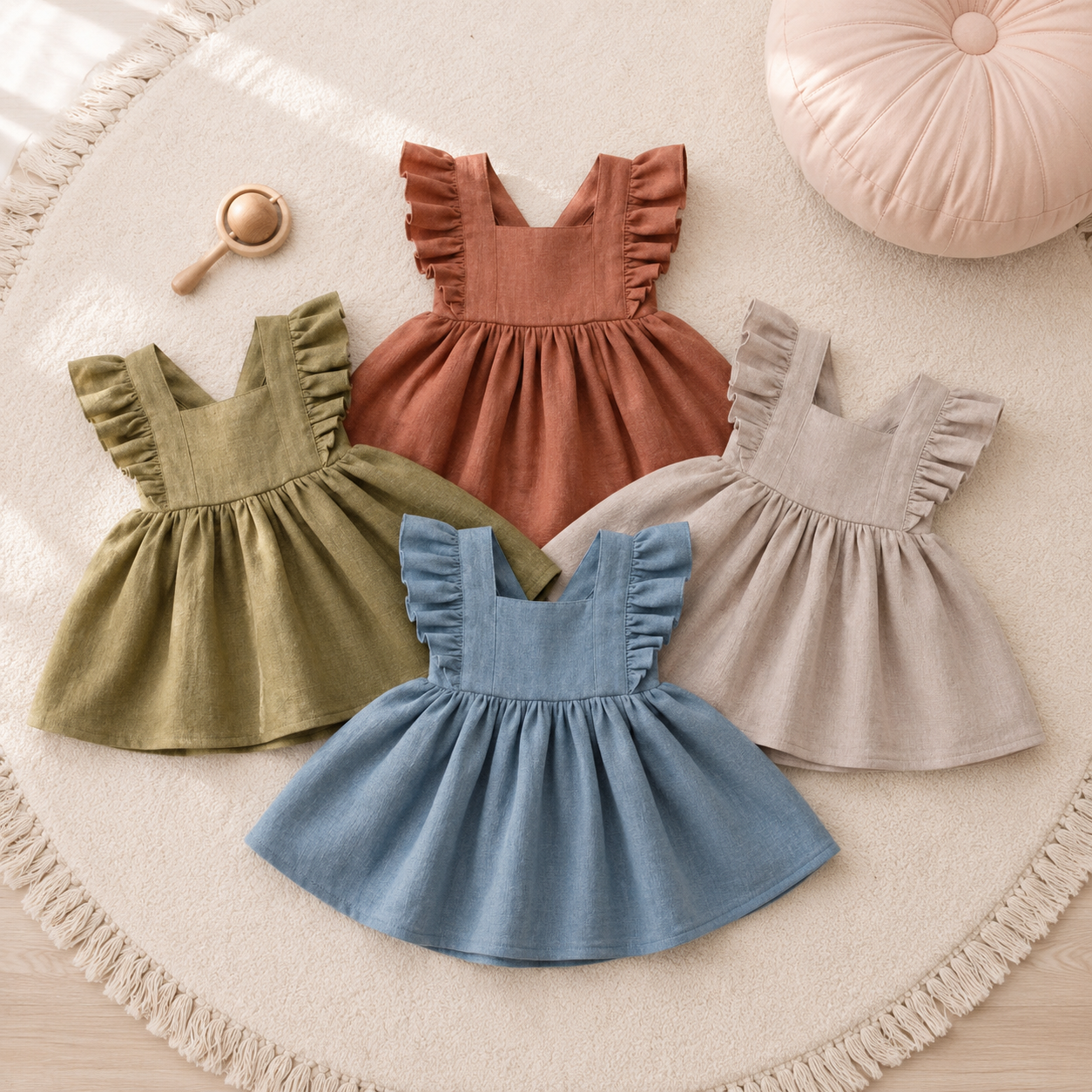 Quatre couleurs de robe bébé fille à volants présentées à plat