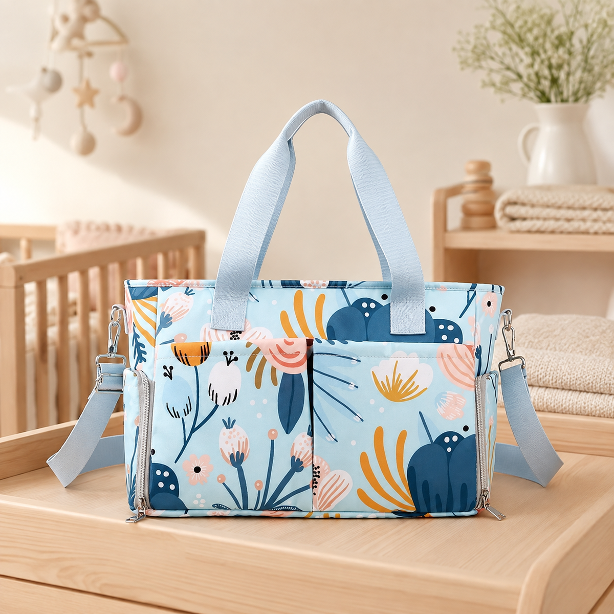 Sac à langer multipoches motif Jardin bleu mis en scène dans une chambre de bébé