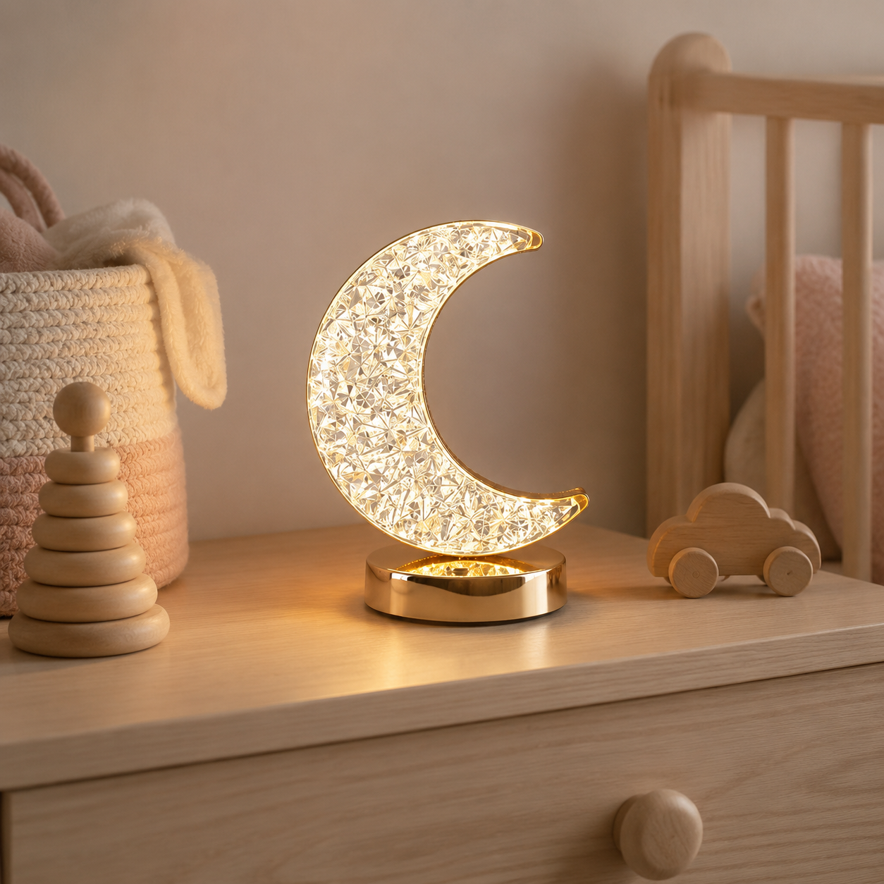 Veilleuse Lune sur une commode de chambre bébé