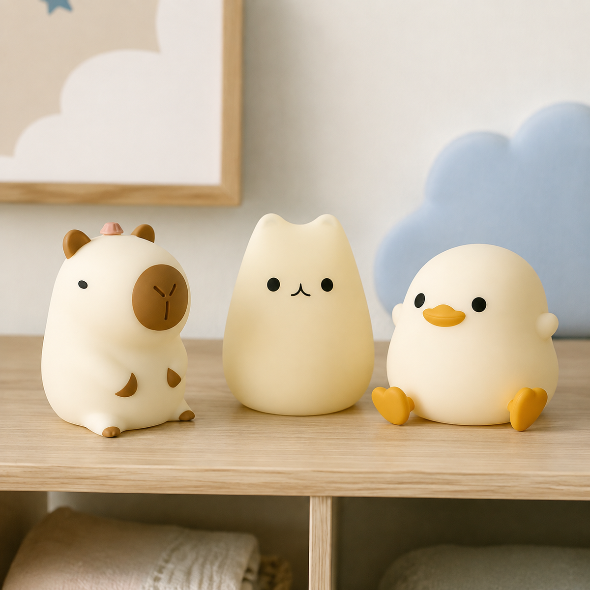 Détail des modèles capybara, chat et canard en silicone