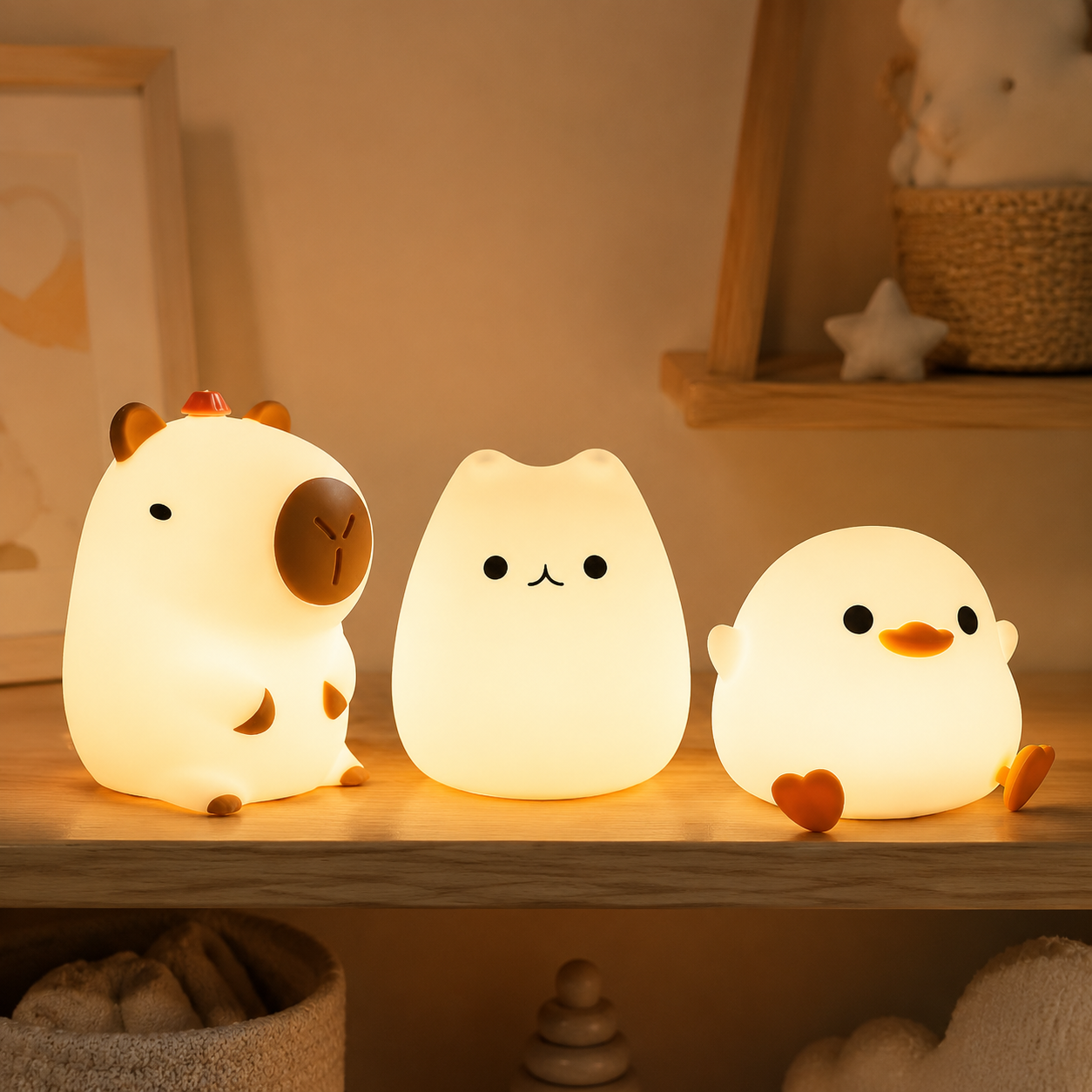 Veilleuses bébé animaux en silicone capybara, chat et canard