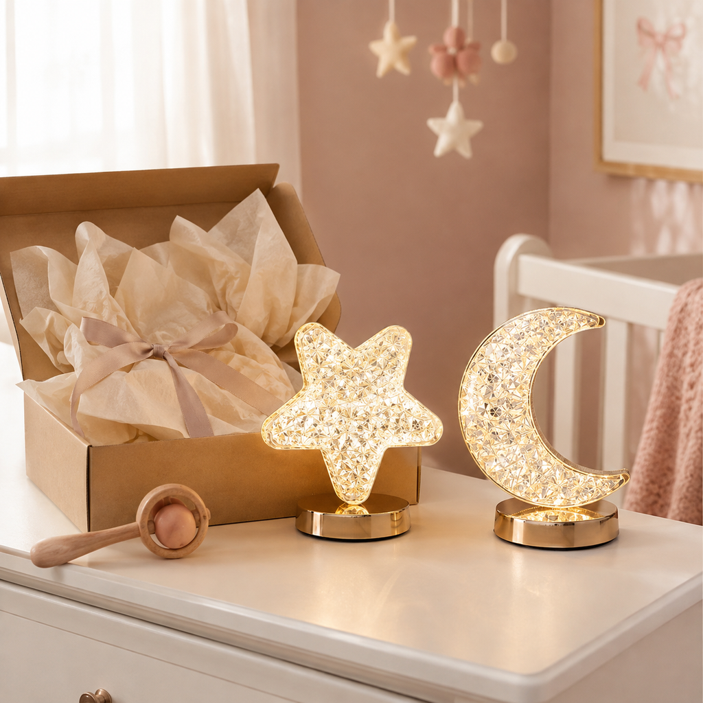 Veilleuses Lune et Étoile présentées en cadeau